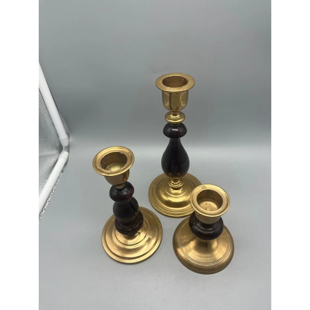 Vtg‎ Brass & Wood set 3 Candlestick holders dark wood Traditional Classic style